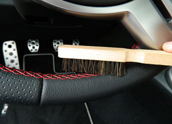 Natural Horse Hair Interior Detail Brush gently cleans steering wheels